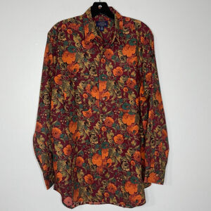 Vtg Kenneth Gordon Burgundy Floral Fall Thanksgiving Long Sleeve Shirt Size M